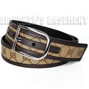 “SOLD”GUCCI brown 36-90 leather ORIGINAL canvas paladium Logo D-ring buckle belt